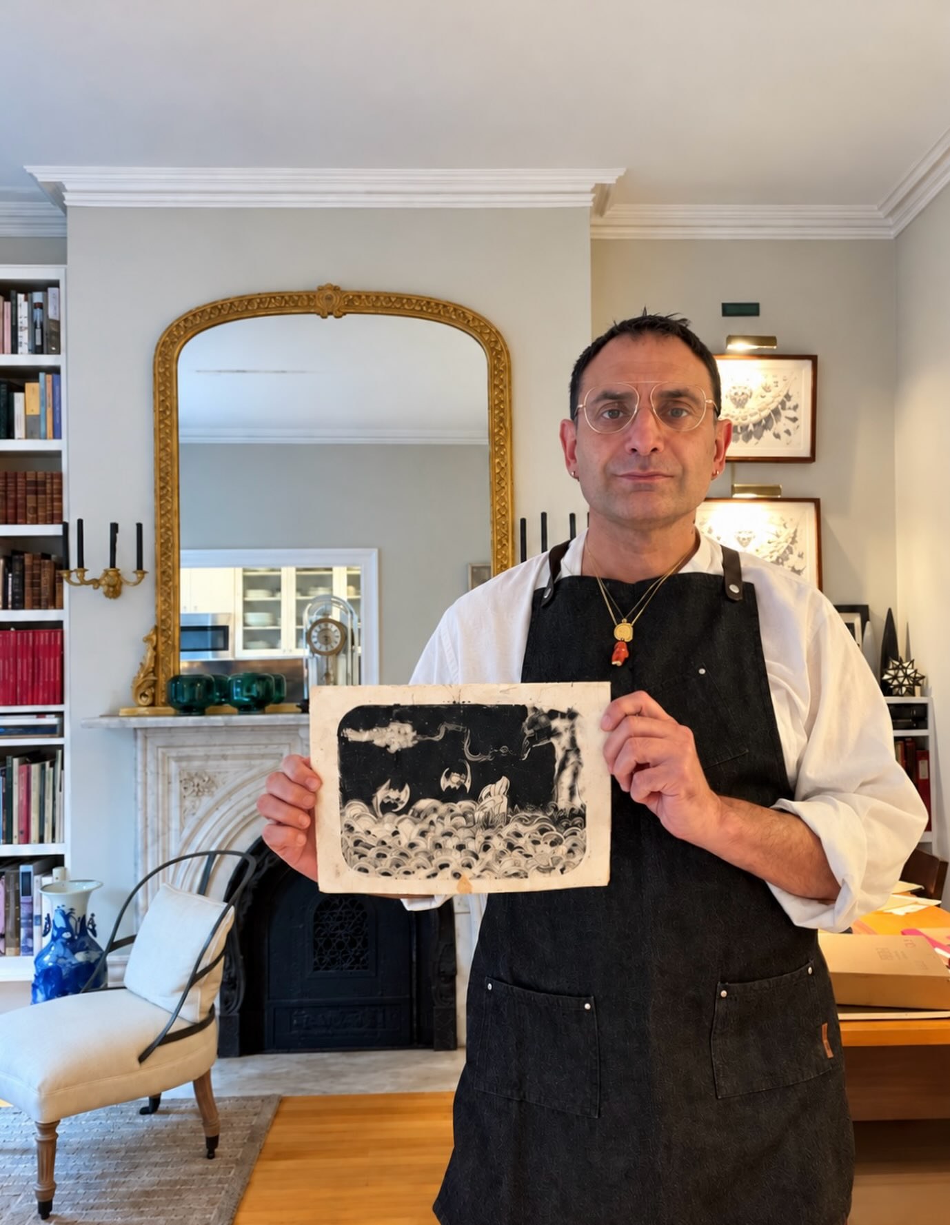 Rodin Shaw Cole holding a recent monoprint
