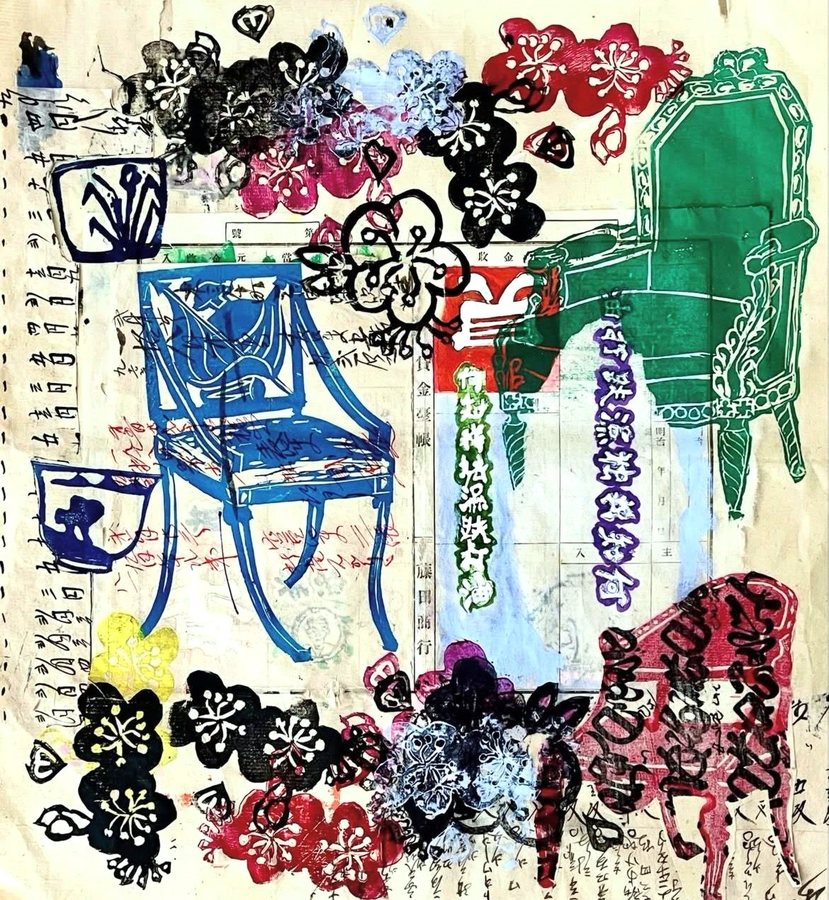 Untitled (Chairs and Chops), mixed media on antique japanese paper