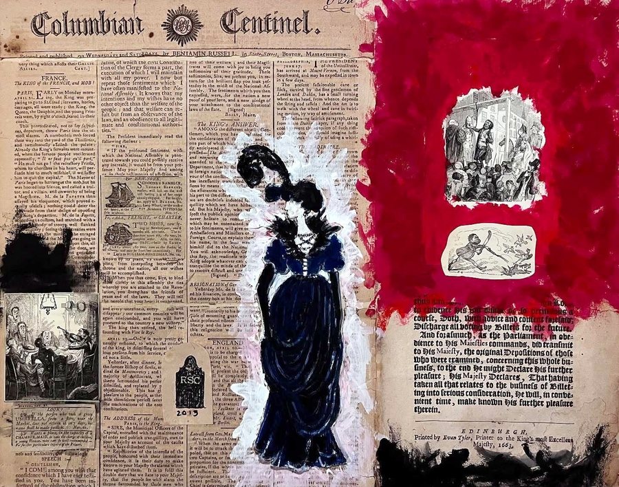 Untitled (Columbian Centinel), gouache, ink and collage on antique newspaper