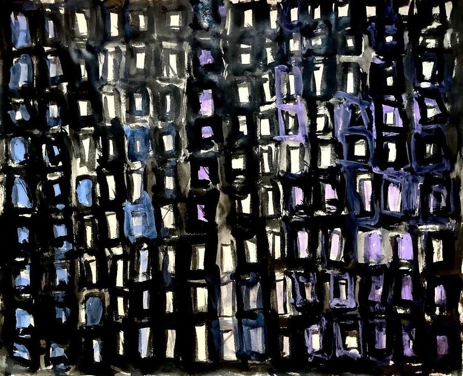 Untitled (Black Grid with Violet), ink and gouache on paper