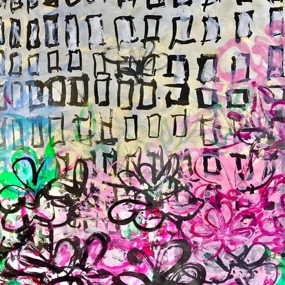 Untitled (Script with Flowers), ink and paint on paper