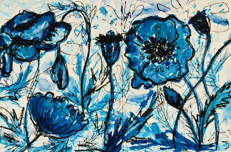 Untitled (Blue Poppies), ink and watercolor on paper