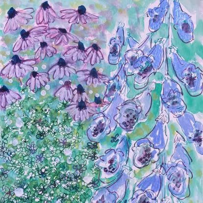 Untitled (Coneflowers and Foxglove), ink and watercolor on paper