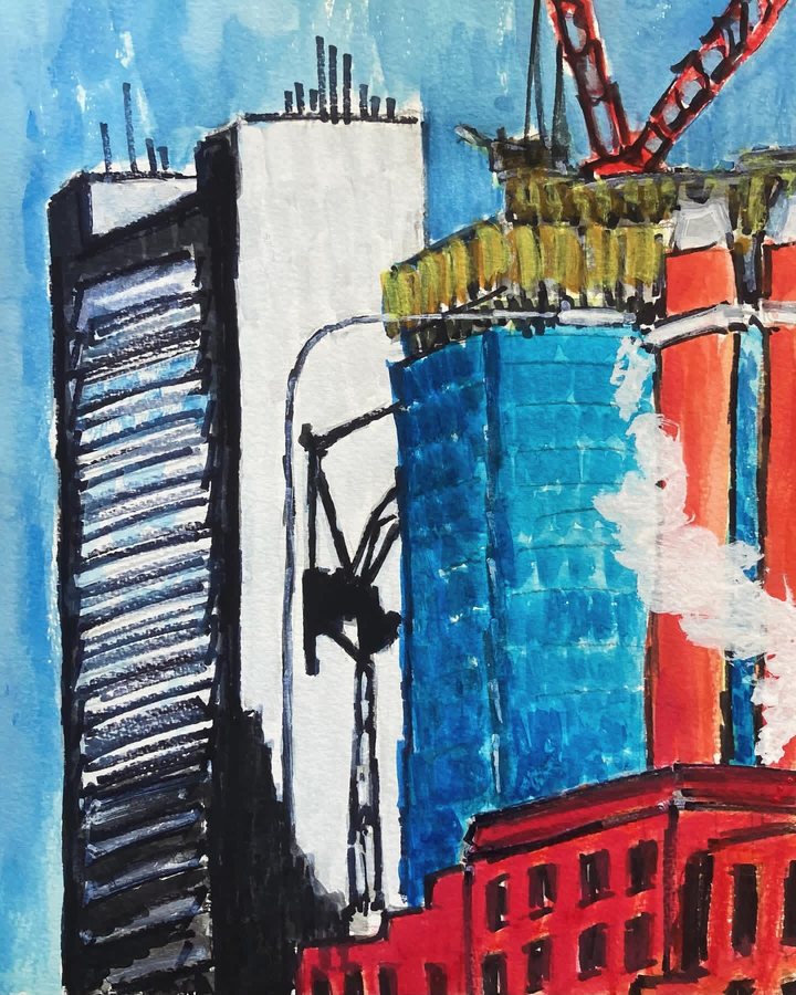 Untitled (Crane over Boston), ink and gouache on paper